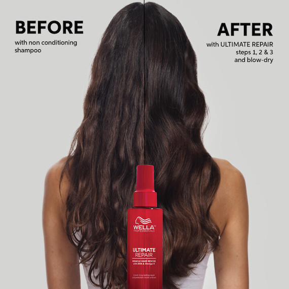 Vorher-Nachher-Ansicht von langem braunem Haar, das mit Ultimate Repair Spülung und Shampoo von Wella Professionals behandelt wurde