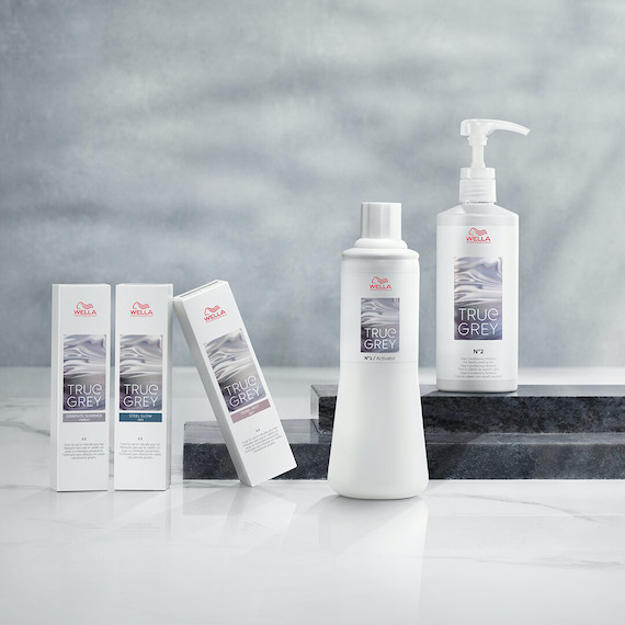 Bottles from Wella’s Silver Glow by True Grey collection. 