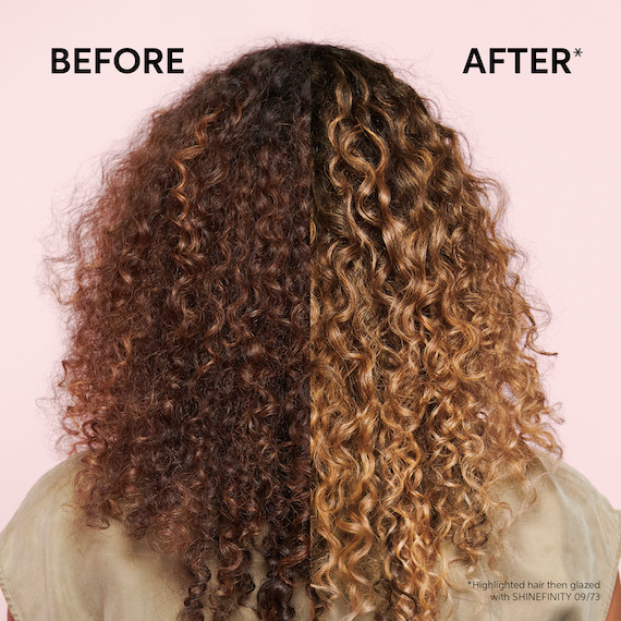 Back of woman’s head showing before and after of Wella Shinefinity Glaze on curly brunette hair.