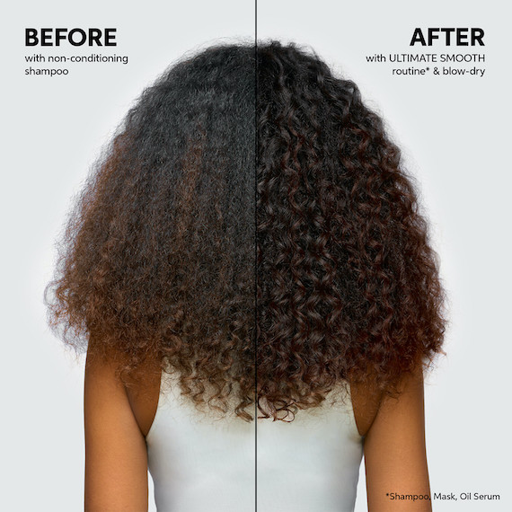 Before and after showing model’s long, curly, dark hair appearing shinier and more defined after using ULTIMATE SMOOTH.