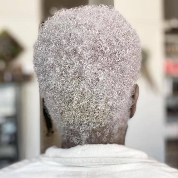 Back of model’s head with short, curly, icy blonde buzzcut.