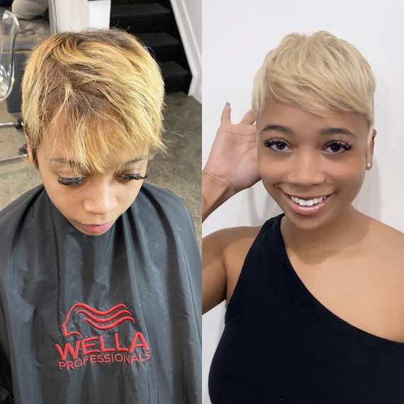 Before and after’ collage showing model’s short hair after it’s been toned an ashy, golden blonde.