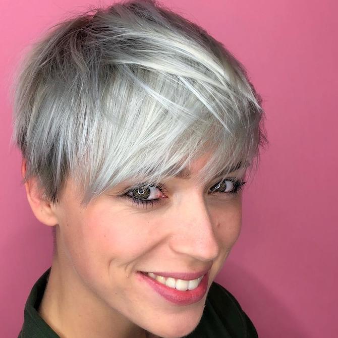 Photo of woman with bangs and short pixie cut hairstyle, created using Wella Professionals