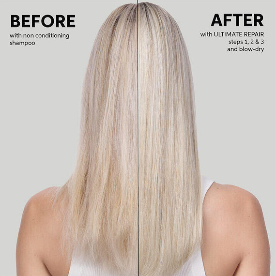 Before and after comparison of hair treated with Wella Professionals ULTIMATE REPAIR products, showing visibly smoother and shinier hair on the right side.