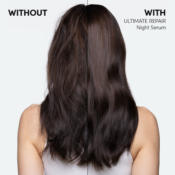 Before and after comparison of hair treated with Wella Professionals ULTIMATE REPAIR products, showing visibly smoother hair on the right side.