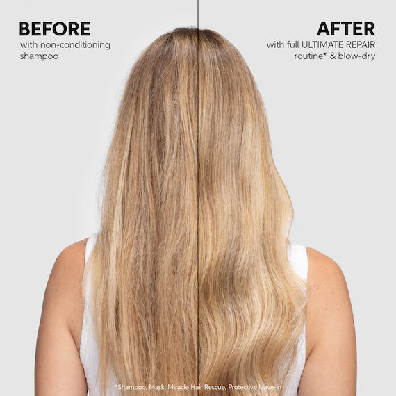 : Before and after comparison of hair treated with Wella Professionals ULTIMATE REPAIR products, showing visibly smoother hair on the right side.