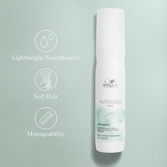 NutriCurls Milky Waves bottle on a green background with benefits called out, including lightweight nourishment, soft hair and manageability. 