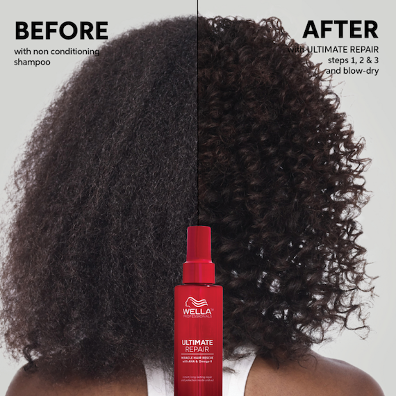 Before and after showing model’s dark, curly hair looking bouncier and more defined after using ULTIMATE REPAIR.