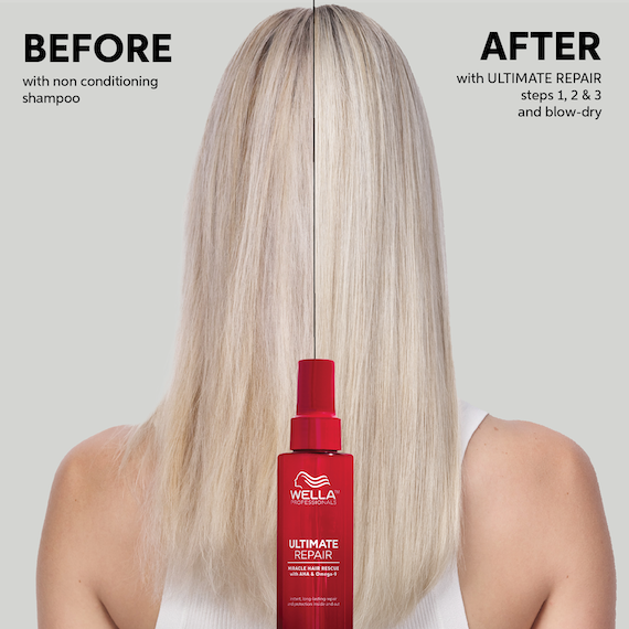 Before and after showing model’s long, platinum blonde hair looking glossier after using ULTIMATE REPAIR Miracle Hair Rescue.