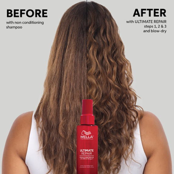 Before and after showing model’s long, light brown, wavy hair looking bouncier and more defined after using ULTIMATE REPAIR Miracle Hair Rescue.