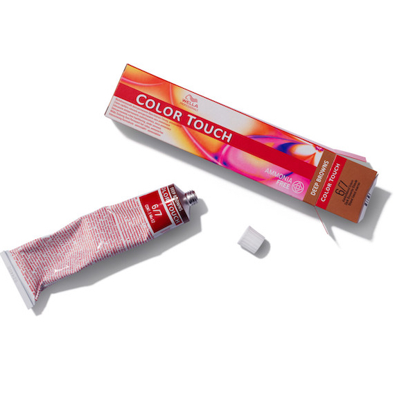 Tube of Color Touch hair color with a recyclable cardboard sleeve next to it.