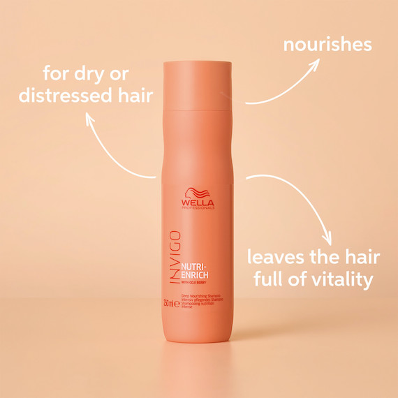 INVIGO Nutri-Enrich Deep Nourishing Shampoo on an orange background.