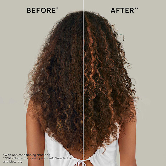 Before and after collage, with the after shot showing long, curly hair looking more defined after using INVIGO Nutri-Enrich.