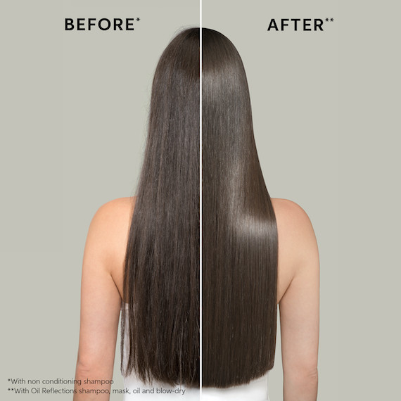 Before and after collage showing model’s long, dark hair looking shinier after using Oil Reflections.