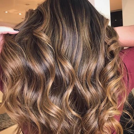 Back of woman’s head with long, caramel brown hair and toffee highlights.