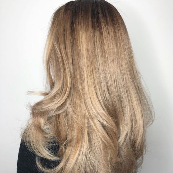 Back of woman’s head with beige blonde, glossy hair.
