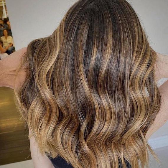 Back of woman’s head with long, wavy brown hair and warm blonde twilights, created using Wella Professionals. 