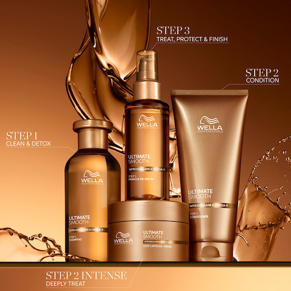 The ULTIMATE SMOOTH regimen on a gold background, including the Shampoo, Conditioner, Intense Mask and Miracle Oil Serum.