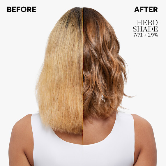 Before and after showing blonde hair turned light brown with Color Touch 7/71.