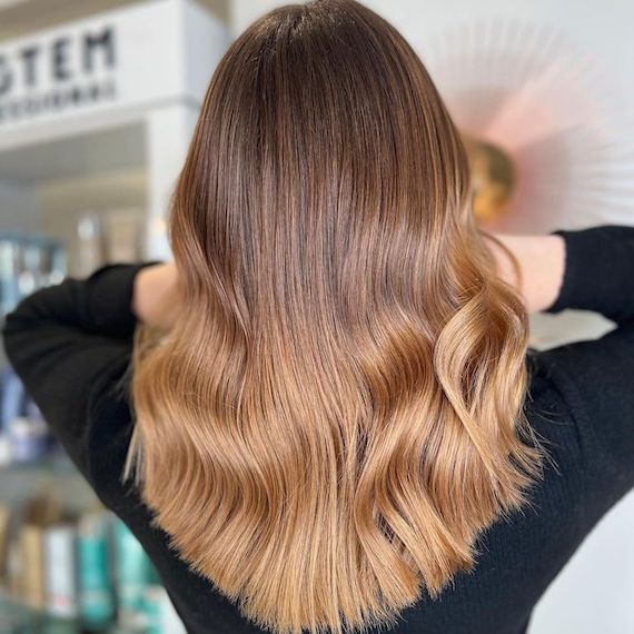 The back of a person's head. They have long bronde hair that's been colored using the wet balayage technique