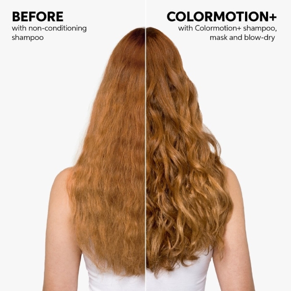 Before and after showing red hair looking smoother and less frizzy after using ColorMotion+.