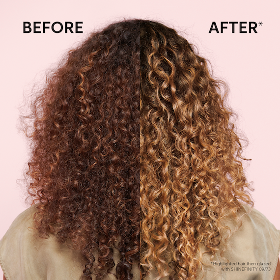 Before and after split image showing the results of a Wella Shinefinity Glaze on brunette hair.