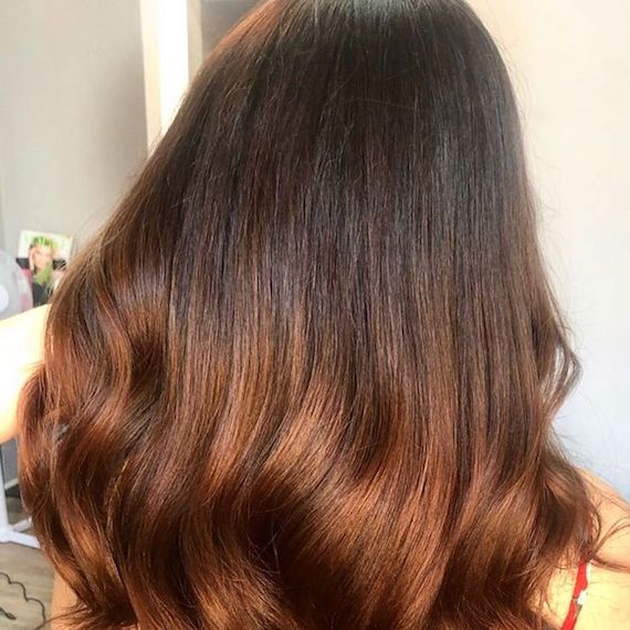 Photo of the back of a woman’s hair with copper brown balayage color. Look created by Wella Professionals.