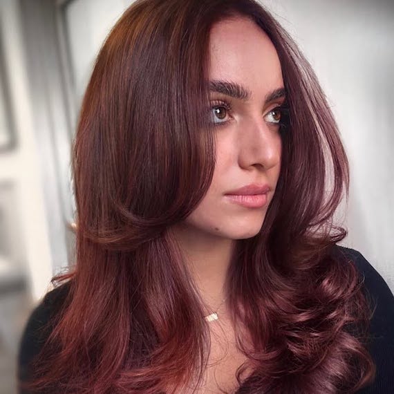 Model with chocolate brown, cherry-tinted hair styled in a bouncy blow-dry.