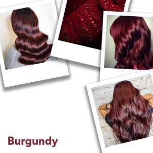 Polaroid photo collage of women with long, burgundy hair styles