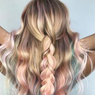 Back of woman’s head with wavy, pastel hair in a half-up braid, created using Wella Professionals.