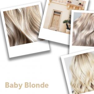 Polaroid photo collage of baby blonde hair ideas, styled with loose waves