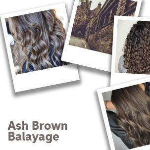 Collage von aschbraunem Balayage und einem Haus 