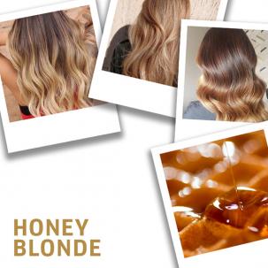 Four polaroid pictures. Three are images of honey blonde hair and one is a close-up of honey being poured onto a waffle.