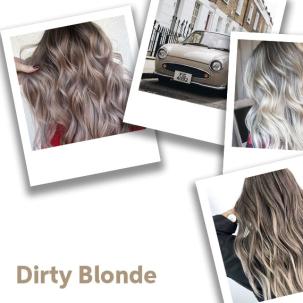 Collage of dirty blonde hair color ideas.