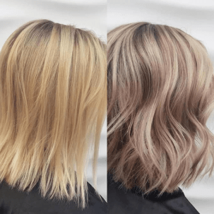 Vorher-Nachher-Ergebnis von blondem Haar mit Gelbstich, das mit Wella Professionals zu Aschblond getönt wurde.