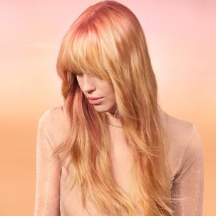 Model with long hair that’s pink at the roots and melts into golden blonde through the lengths and ends.  