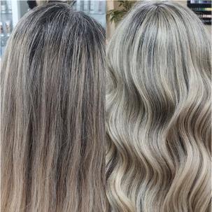 Before and after image of highlighted hair that’s had its gray roots covered.