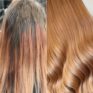 Before and after of gray coverage on copper hair, created using Wella Professionals.