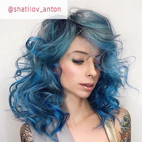 Woman with denim blue hair
