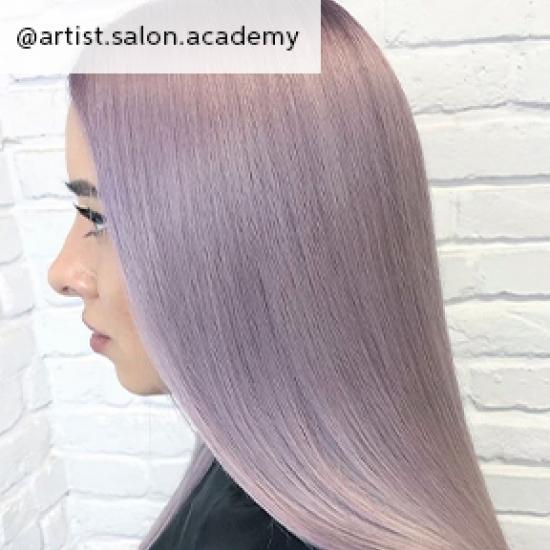 Side profile of woman with long, straight lilac hair, created using Wella Professionals.