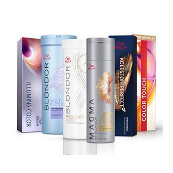 Packshots of Koleston Perfect, Blondor Freelights, Magma, Color touch, and Illumina Color by Wella Professionals