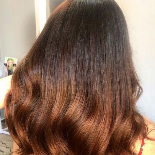 Photo of the back of a woman’s head with copper brown balayage hair color. Look created by Wella Professionals