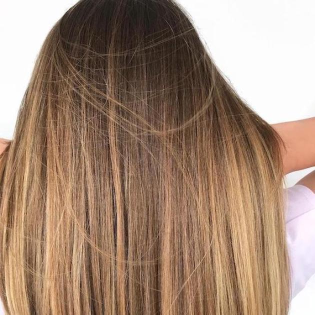 Back of woman’s head with long, straight dark blonde hair and caramel highlights, created using Wella Professionals.  