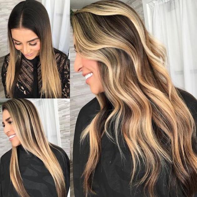 Three images showing the before and after of a newly styled high contrast balayage hairstyle