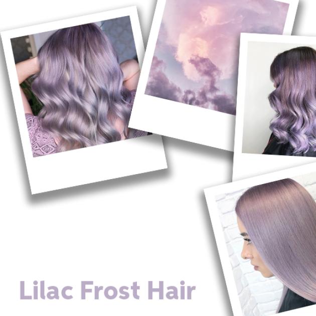 Four polaroid images scattered. Three are images of lilac-colored hair, and one is of lilac-colored clouds