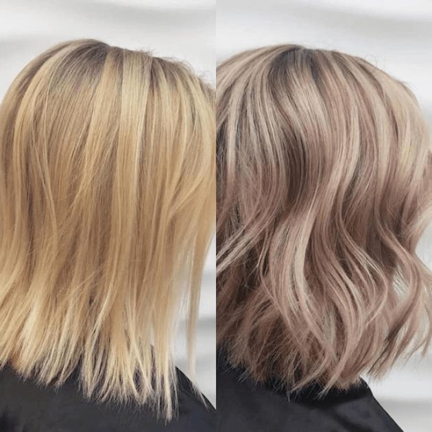 Before and after showing yellow hair toned to ashy blonde with Wella Professionals. 