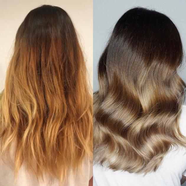Before and after of brassy hair transformation, created using Wella Professionals.