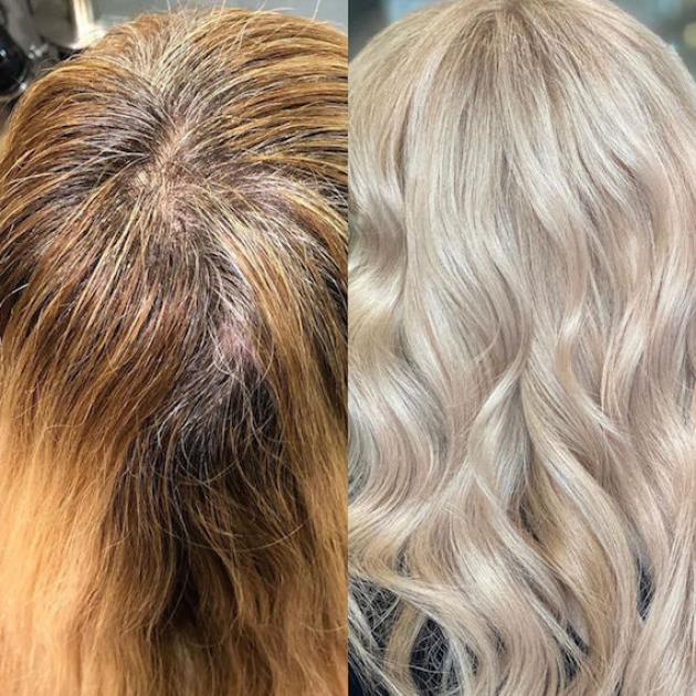 Before and after of grey roots covered with blonde hair colour.