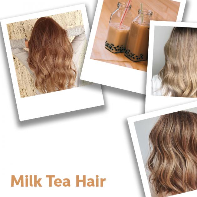 Collage of milk tea hair color