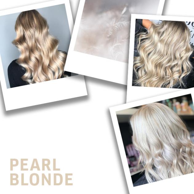 Polaroid photo collage of women with long, pearl blonde hair, styled with loose waves